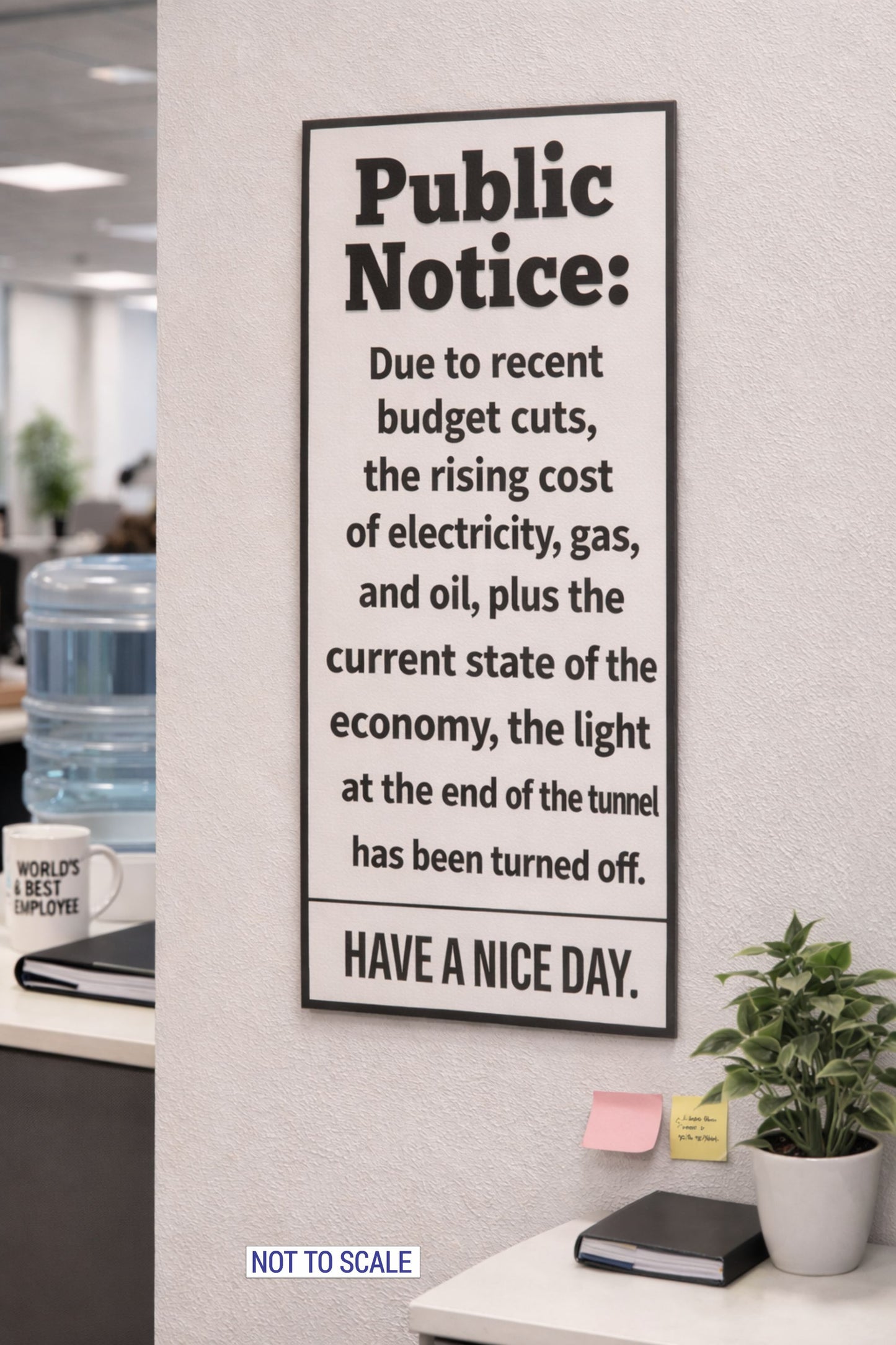 Humorous Public Notice sign displayed on office wall near desk and water cooler