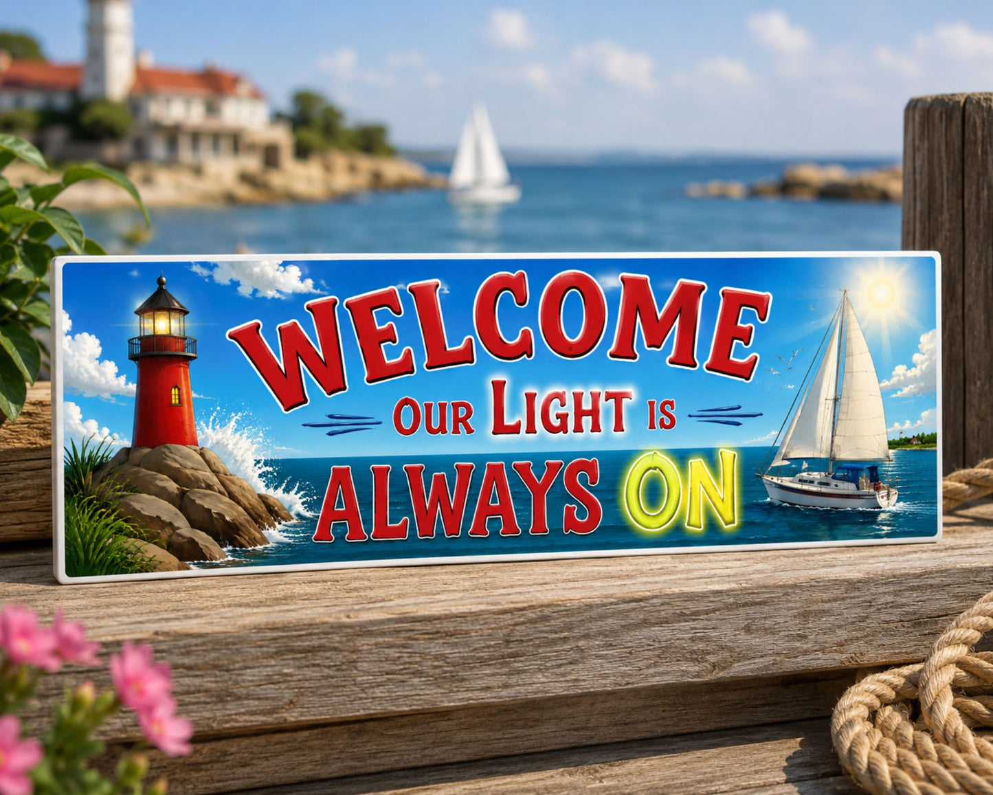 16x5 lighthouse welcome sign displayed on a coastal wooden shelf in a bright nautical décor setting.