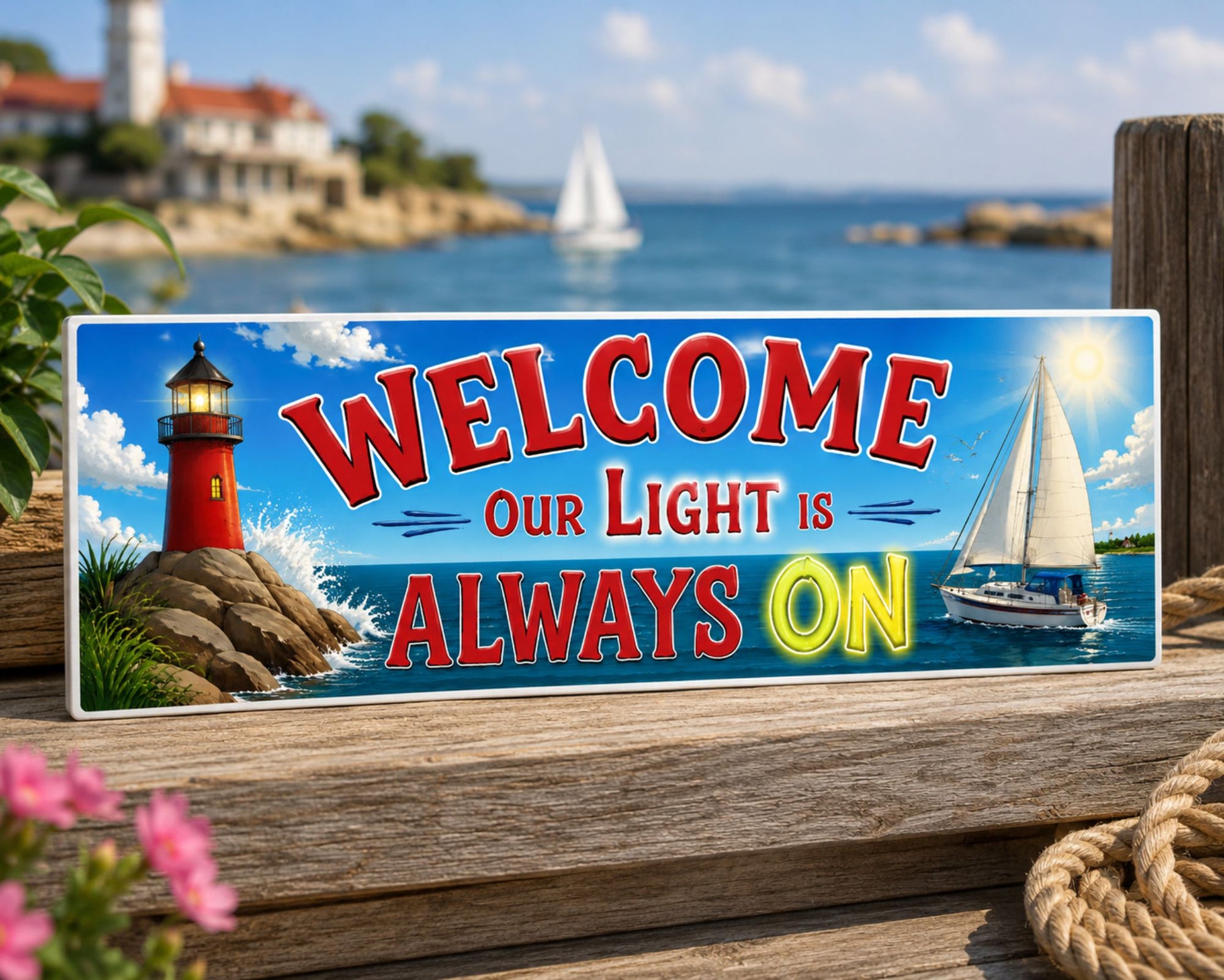16x5 lighthouse welcome sign displayed on a coastal wooden shelf in a bright nautical décor setting.