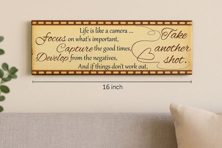 Rustic inspirational photography quote sign displayed on wall décor, Life is Like a Camera motivational art