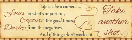 Life is Like a Camera inspirational quote sign, rustic photography wall art, 16x5 inches, motivational déco