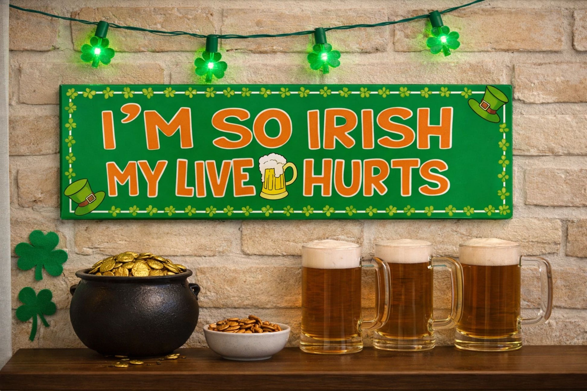 Irish bar style wall sign displayed in a home bar setting with green lights and beer mugs
