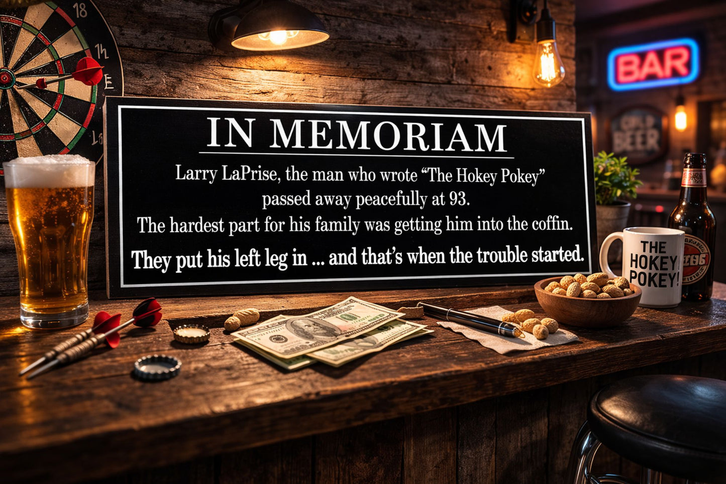 dark humor sign in bar setting lifestyle image