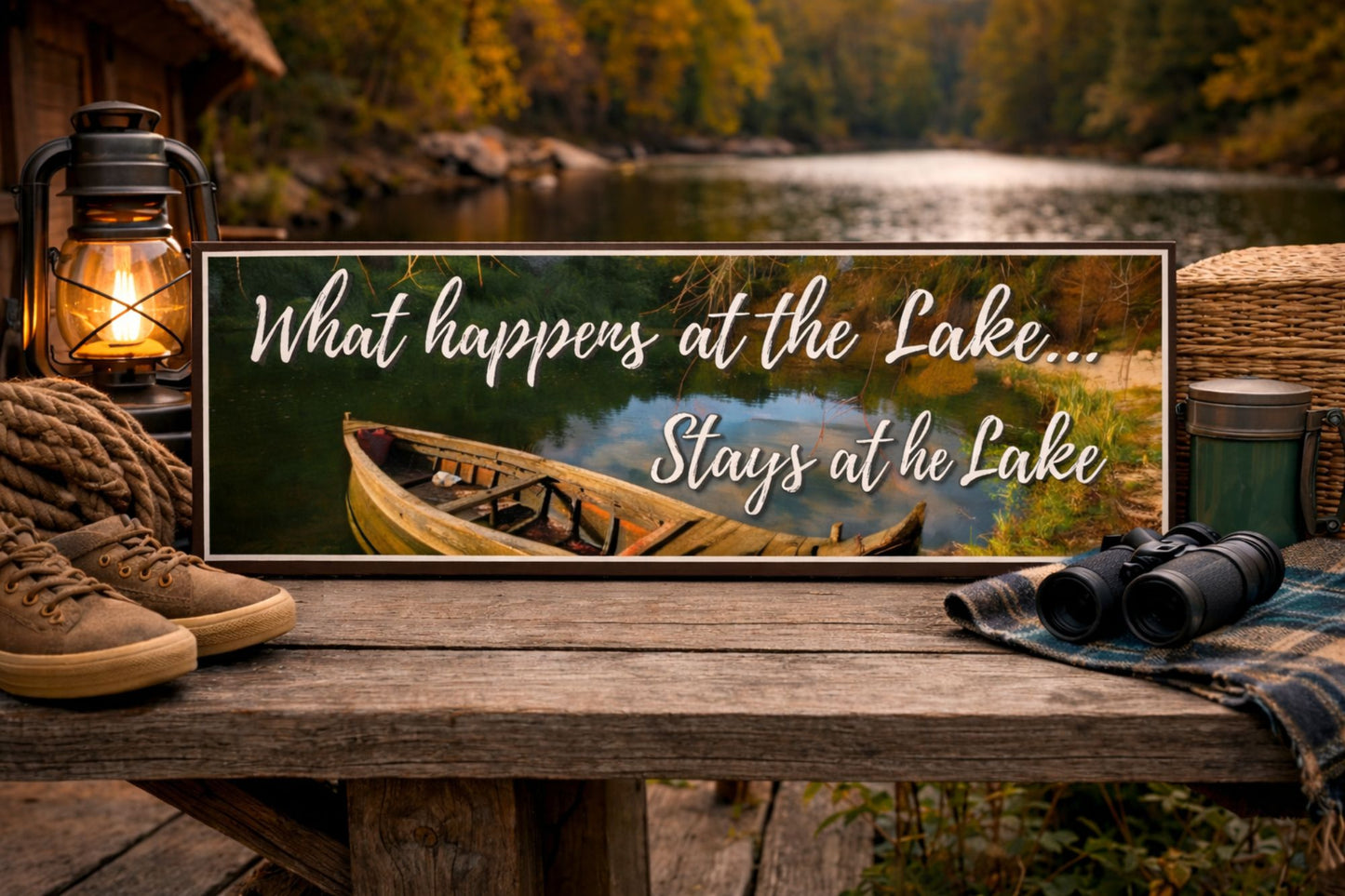 lake house quote sign styled on wooden table by the water
what happens at the lake sign lifestyle scene with cabin decor