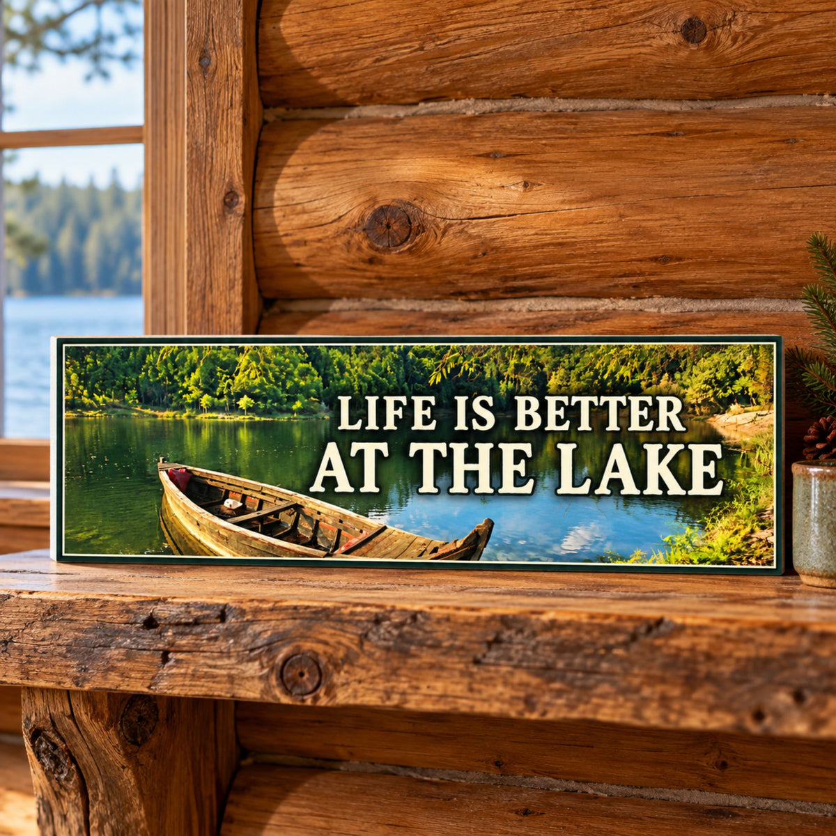 Life Is Better at the Lake sign displayed on a rustic wooden shelf against a log cabin wall beside a lake-view window.
