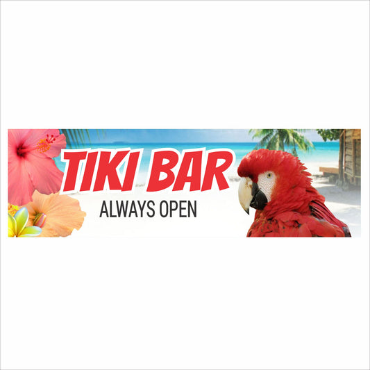 Tiki Bar Always Open tropical wall sign with parrot and beach background