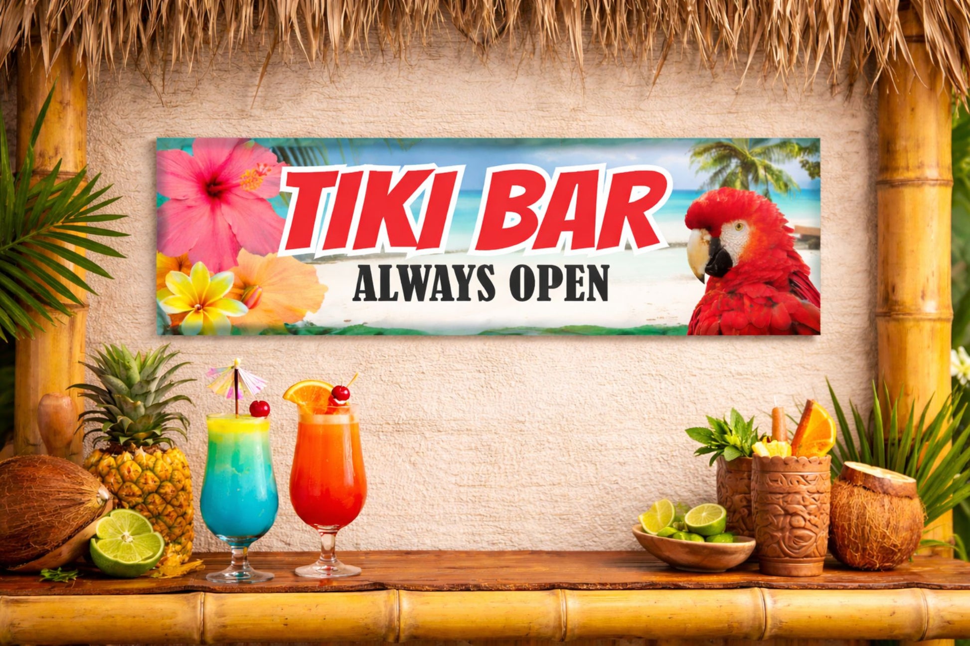 Tiki bar wall sign displayed in a tropical home bar setting