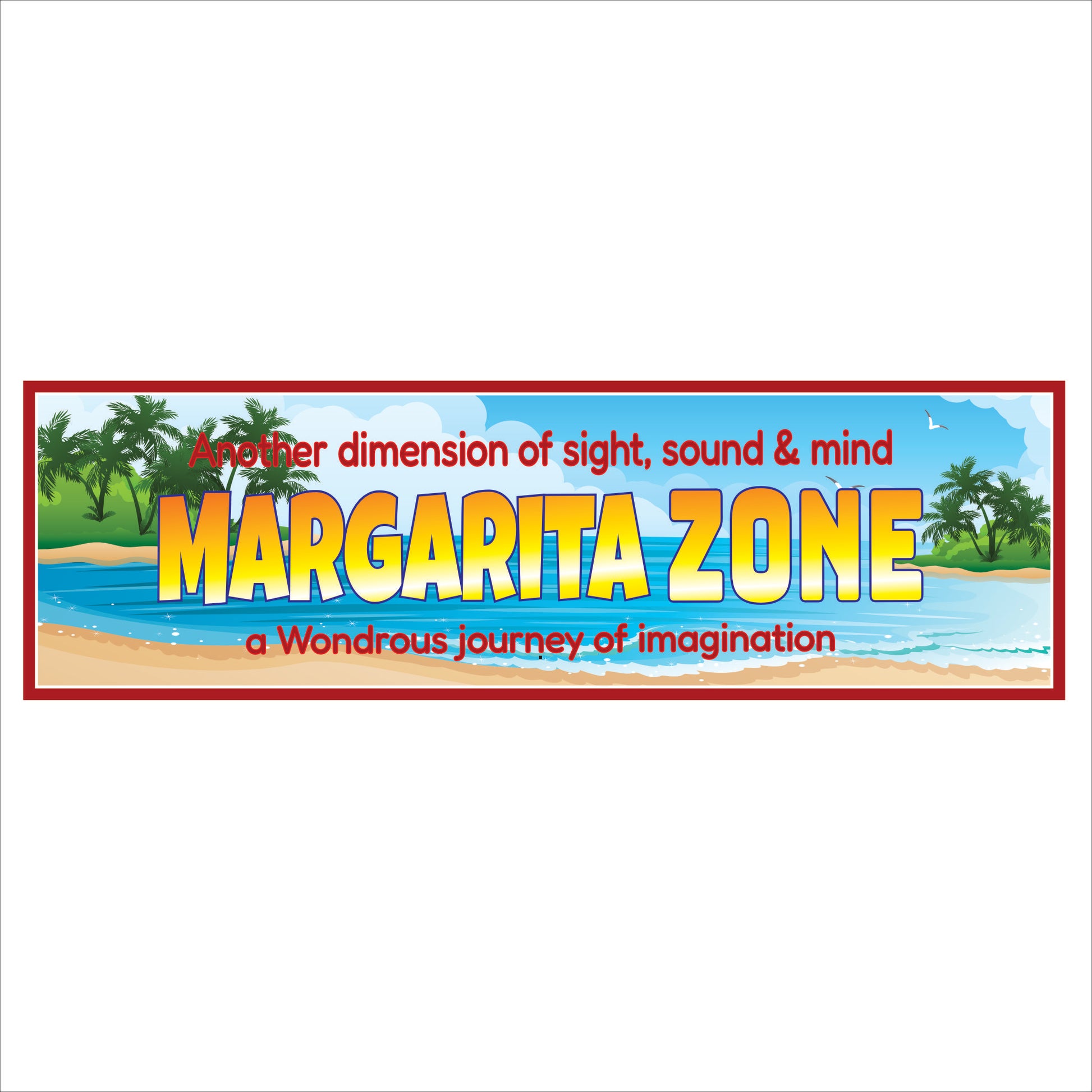 Main product image: Rectangular Margarita Zone wall sign with tropical beach artwork and bold yellow lettering on a blue ocean background