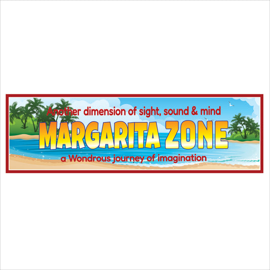 Main product image: Rectangular Margarita Zone wall sign with tropical beach artwork and bold yellow lettering on a blue ocean background