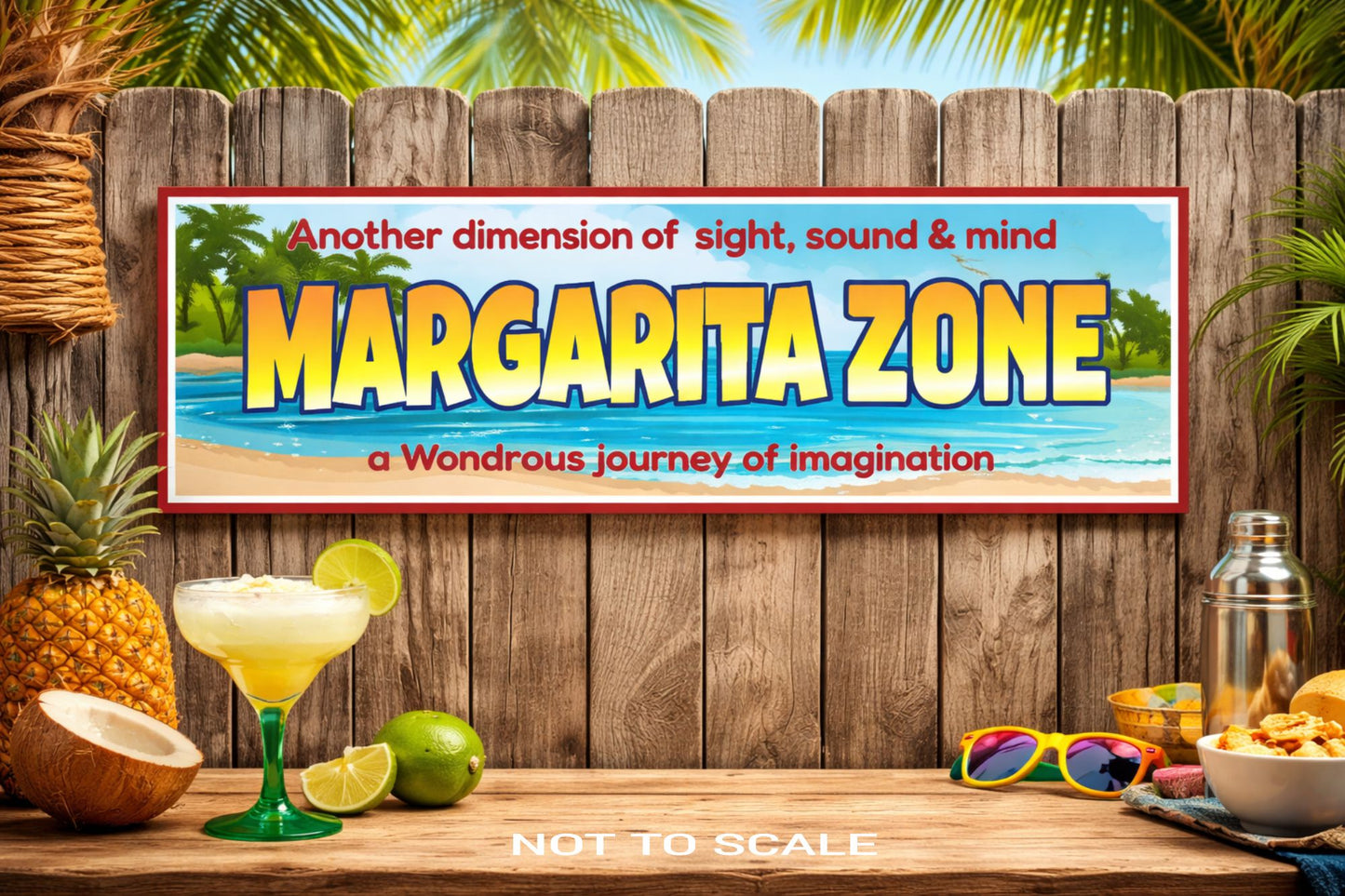 Margarita Zone wall sign mounted on a wooden bar wall with limes, margaritas, and tropical decor accents