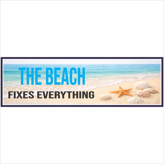 Beach sign reading The Beach Fixes Everything with ocean shoreline and seashell design