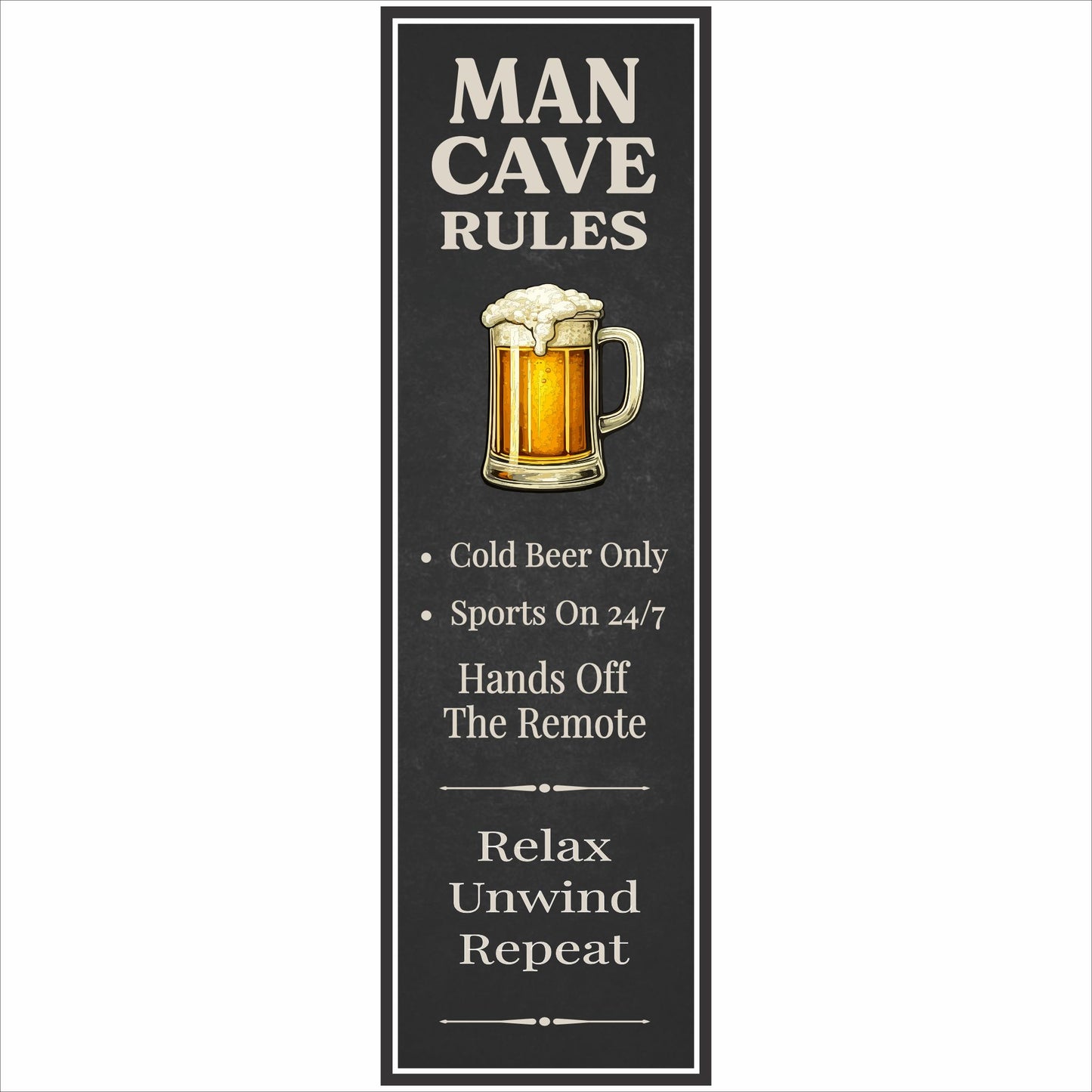 close-up of vertical man cave rules sign with beer mug on black grunge background