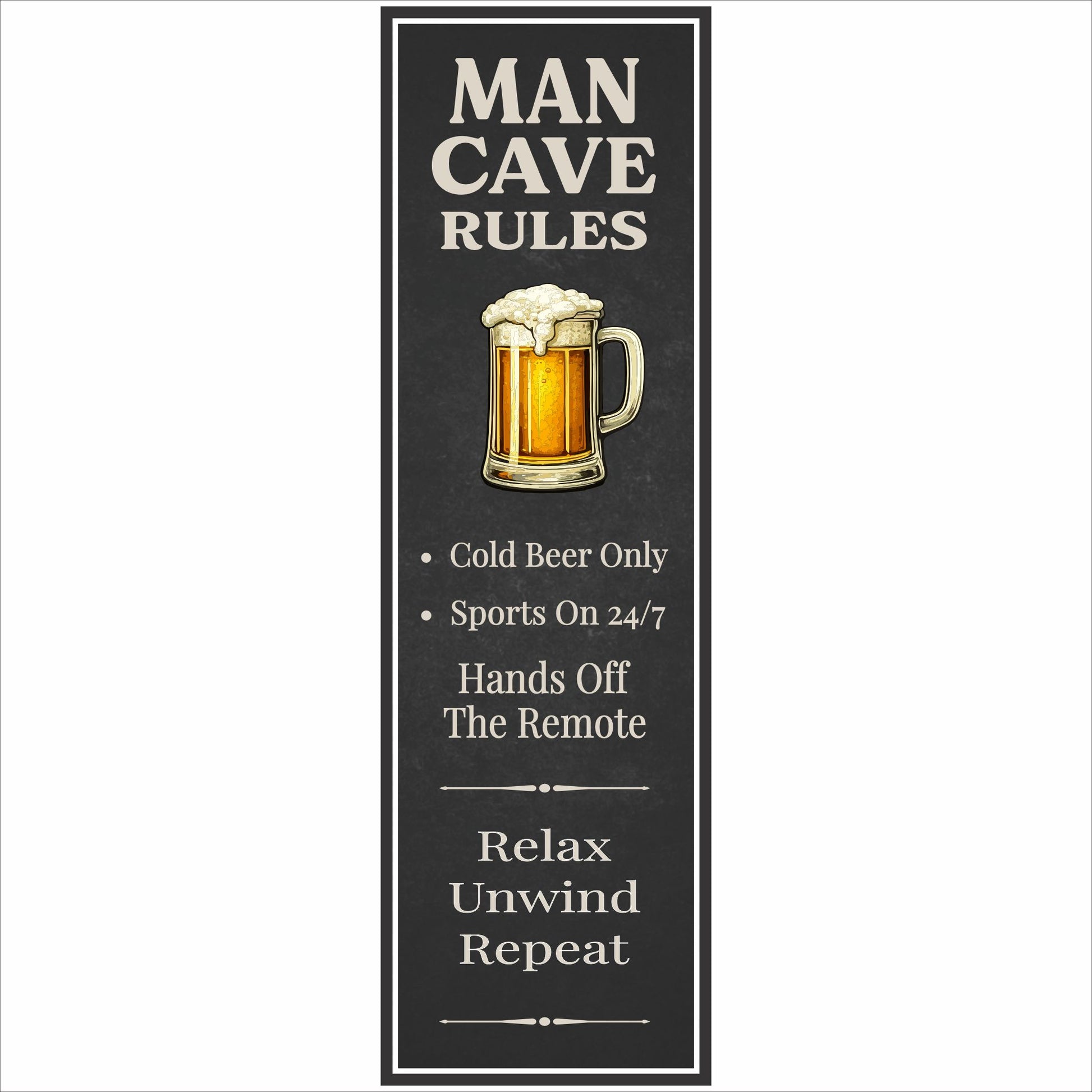 close-up of vertical man cave rules sign with beer mug on black grunge background