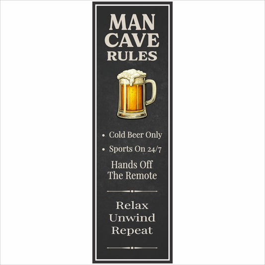 close-up of vertical man cave rules sign with beer mug on black grunge background