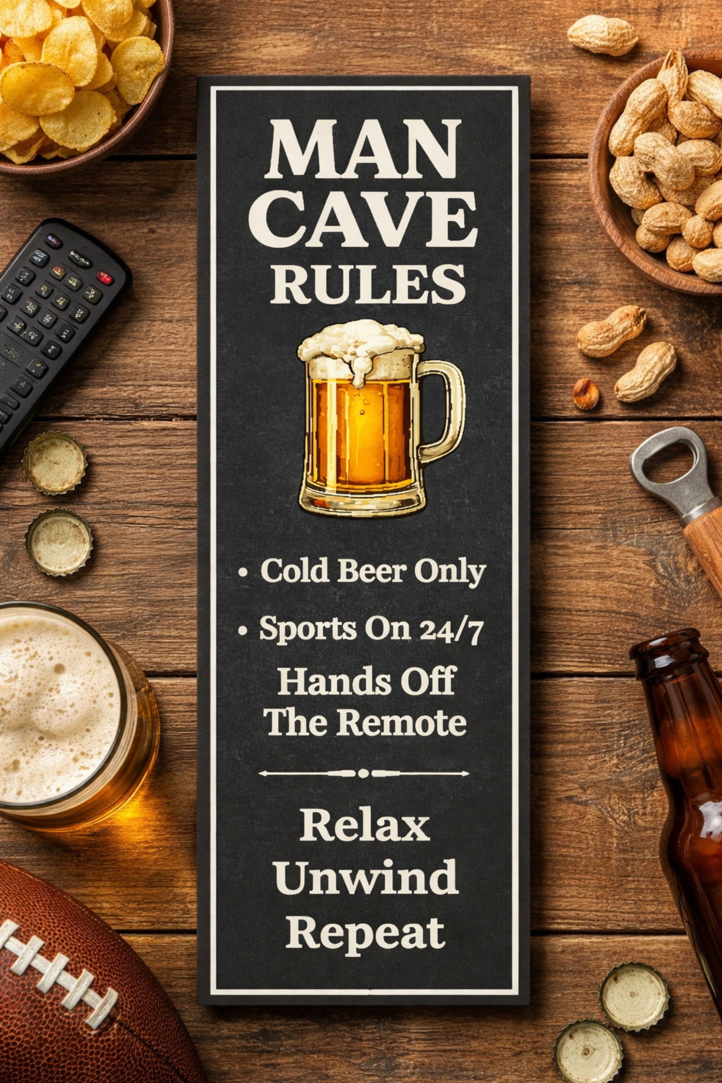 man cave rules sign displayed on tabletop with beer bottle and rustic bar setting