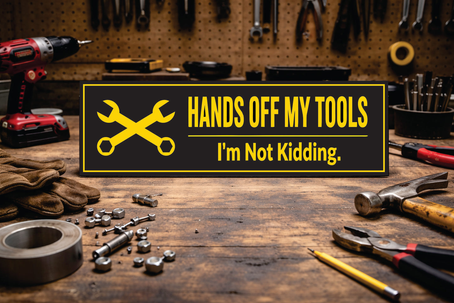 Hands off my tools sign displayed on wood workbench with tools in workshop setting 16x5 horizontal sign