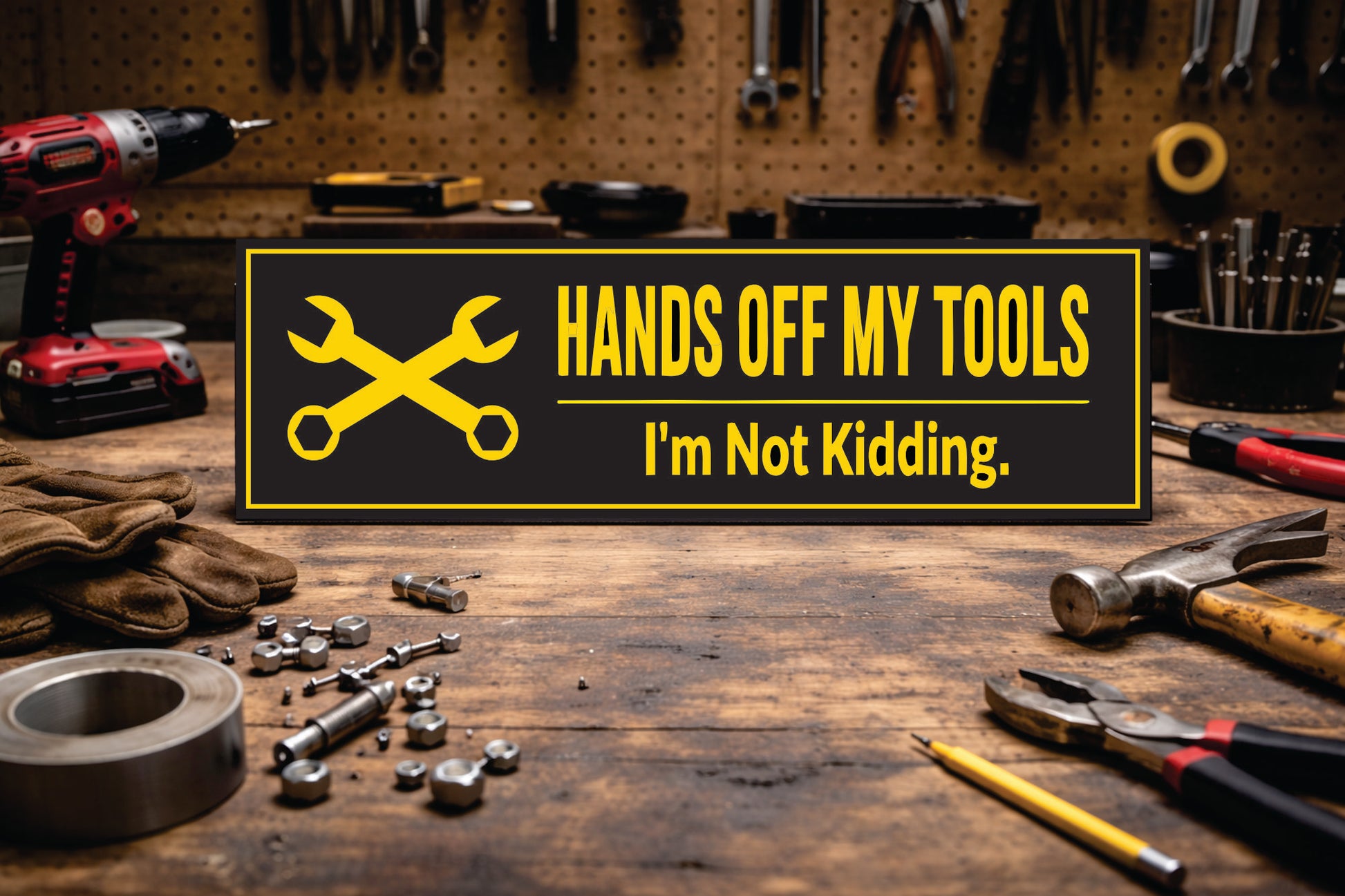 Hands off my tools sign displayed on wood workbench with tools in workshop setting 16x5 horizontal sign