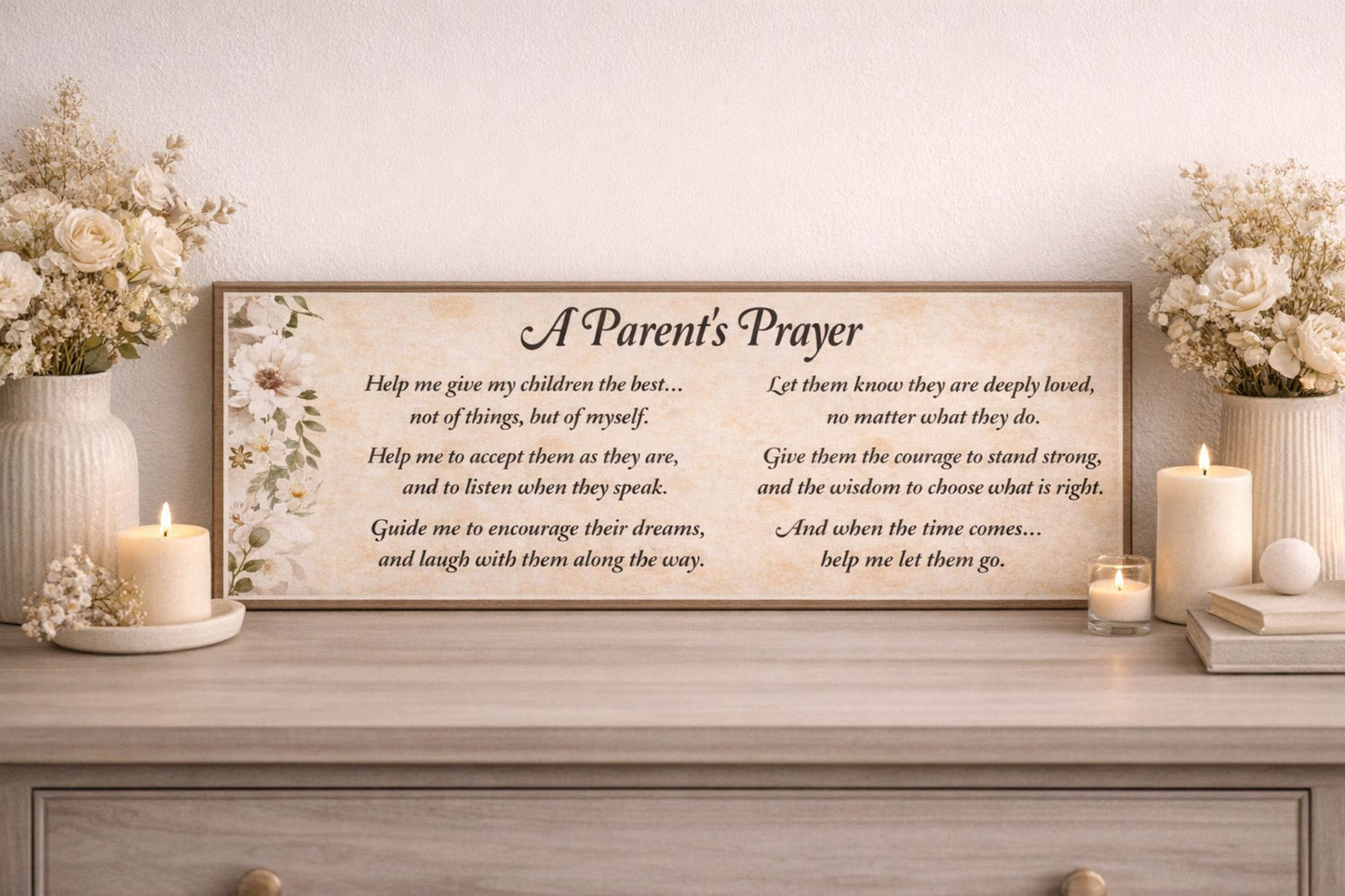 parent prayer sign displayed on dresser with candles and soft decor