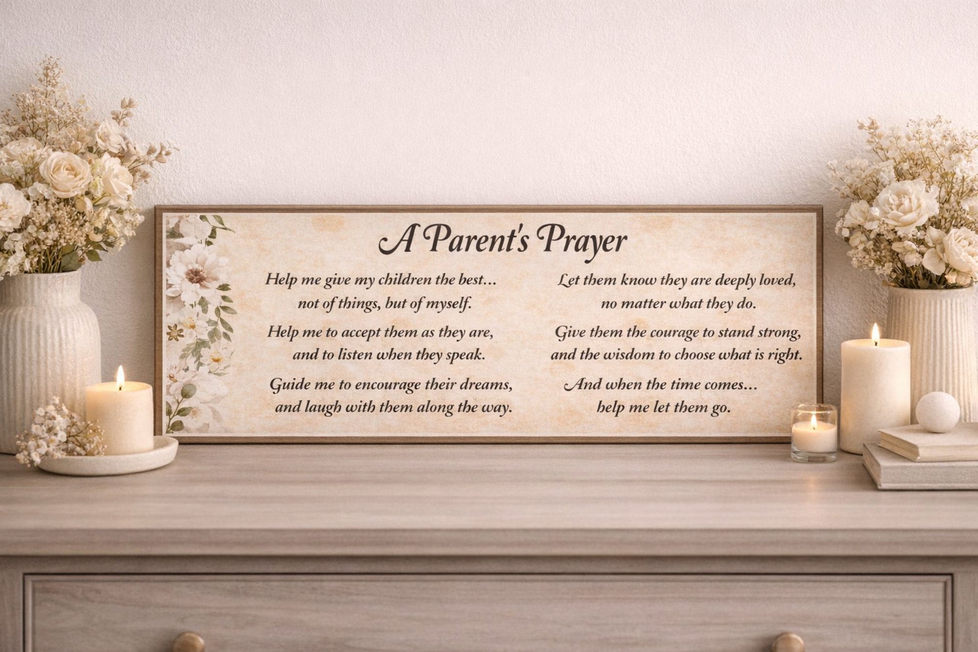parent prayer sign displayed on dresser with candles and soft decor
