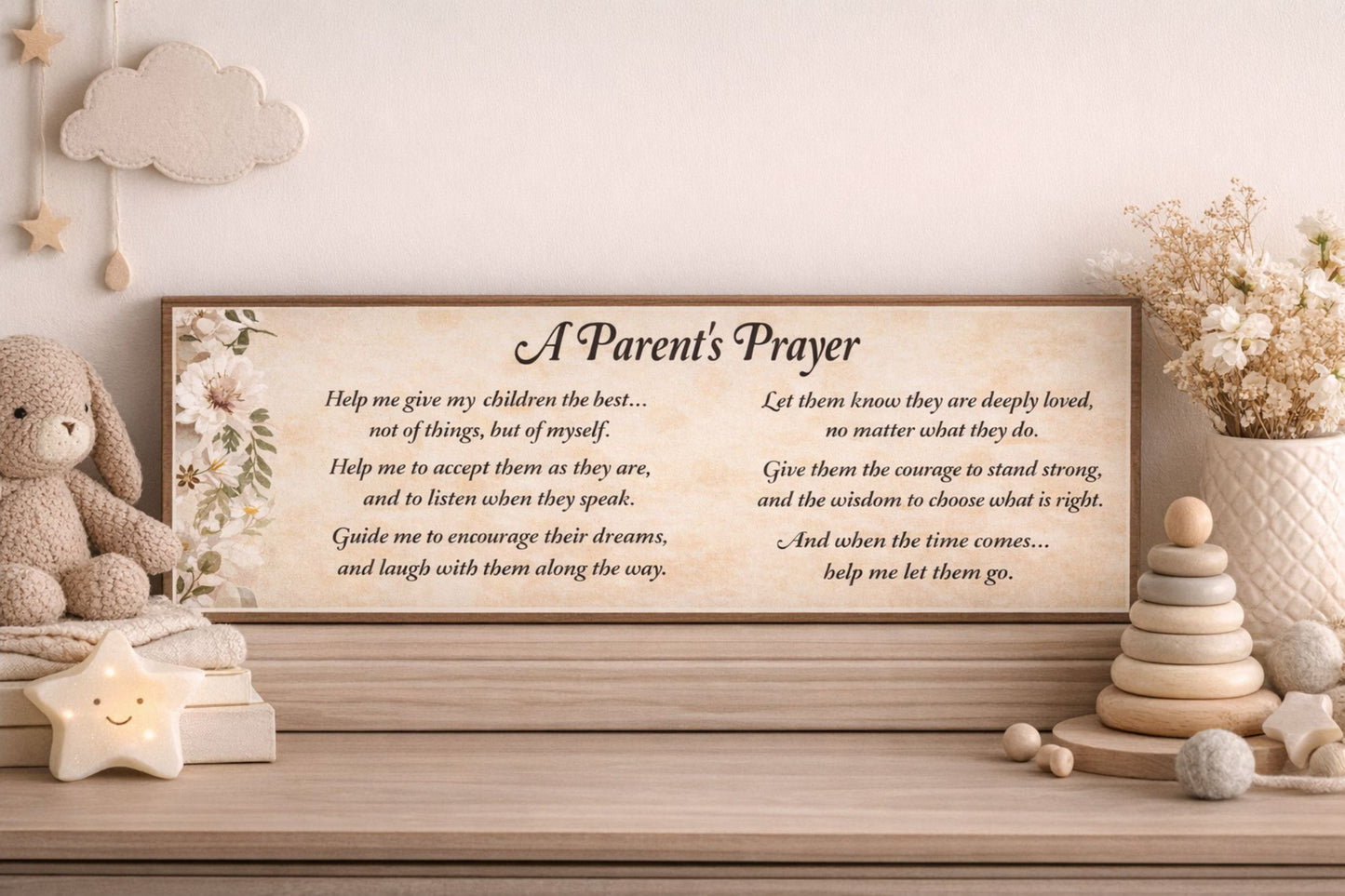 parent prayer sign on shelf with teddy bear and warm home styling
