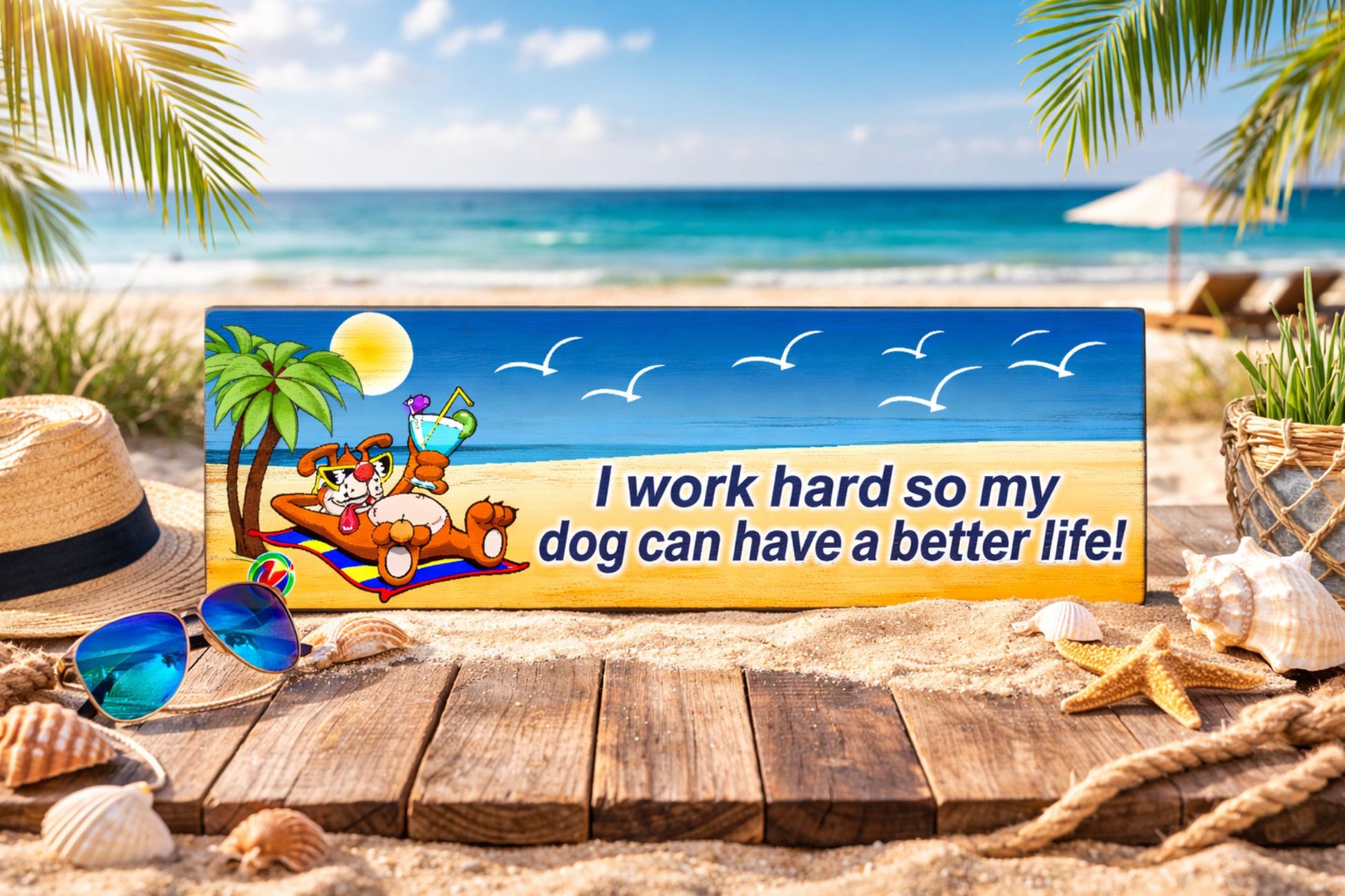 Dog lover beach sign displayed in coastal setting with ocean background