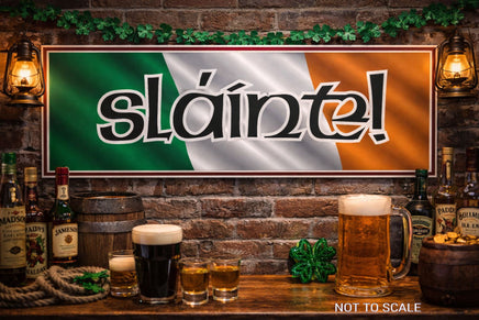 Sláinte pub sign displayed in an Irish bar style interior