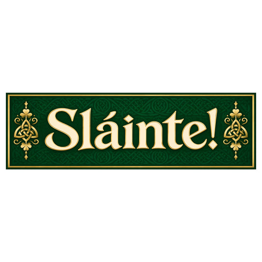 Green and gold Sláinte Irish pub sign with Celtic knot patterns, shamrock accents, and a gold border.