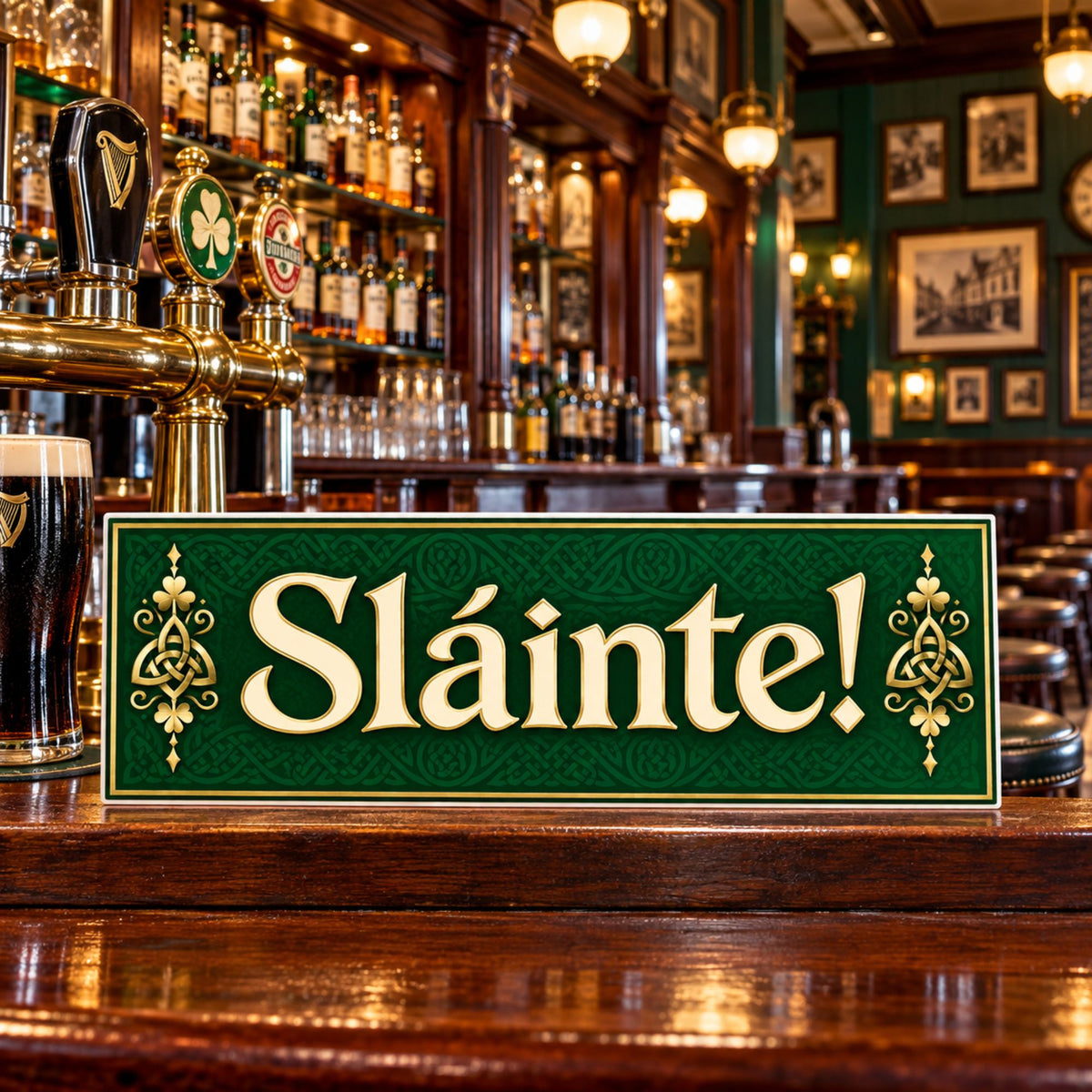 Green and gold Sláinte sign displayed on a wooden bar in a warmly lit Irish pub.