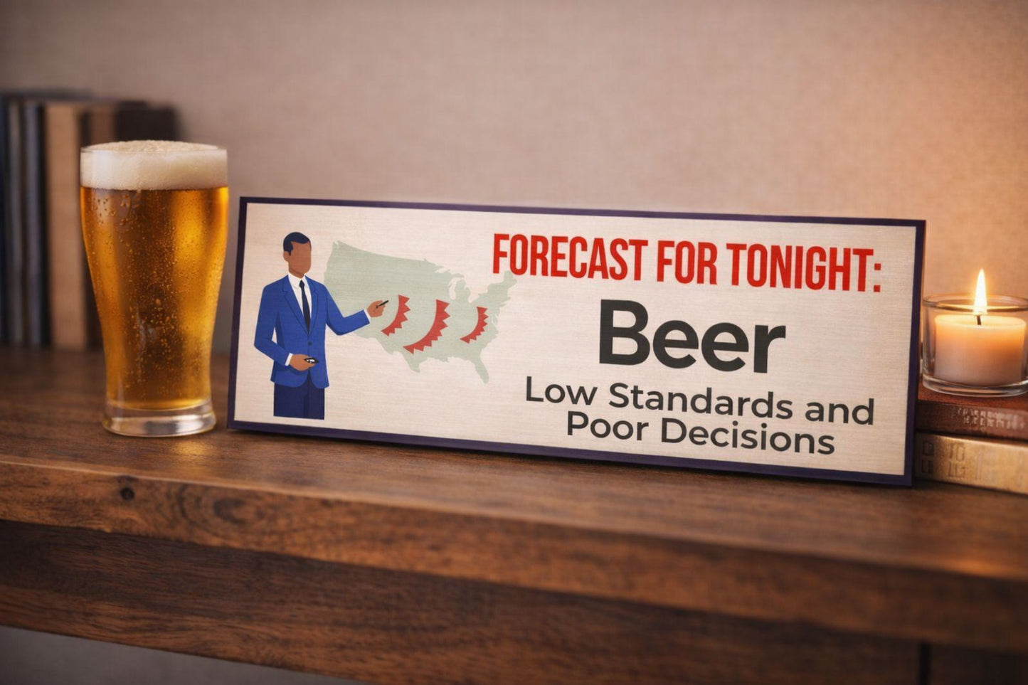 beer bar sign on shelf with glass and candle