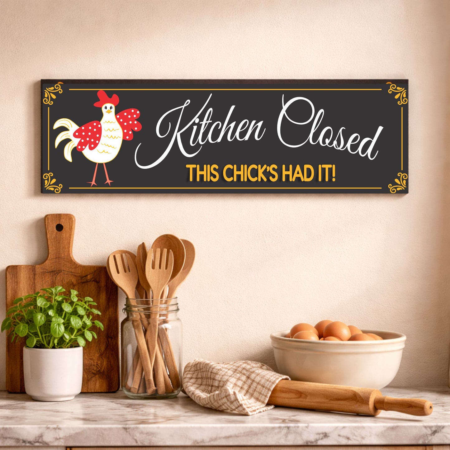 horizontal kitchen sign displayed on wall with rustic cooking decor