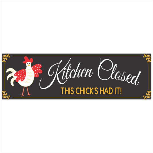 funny kitchen closed sign with chicken illustration and farmhouse design