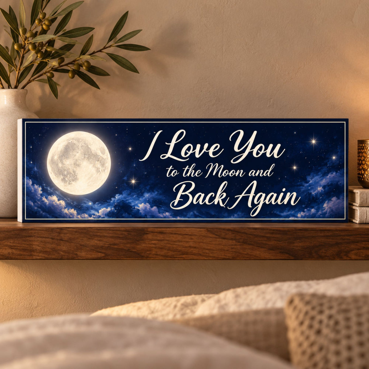Romantic moon quote sign resting on a walnut shelf with olive branches, neutral books, and soft bedding in the foreground.