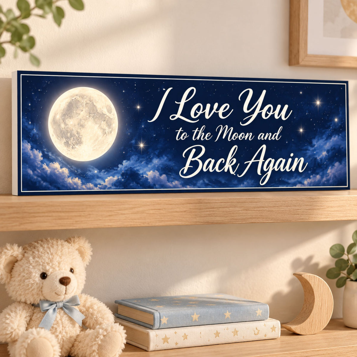 Moon quote sign displayed on an oak nursery shelf with a teddy bear, children’s books, and a wooden crescent moon.