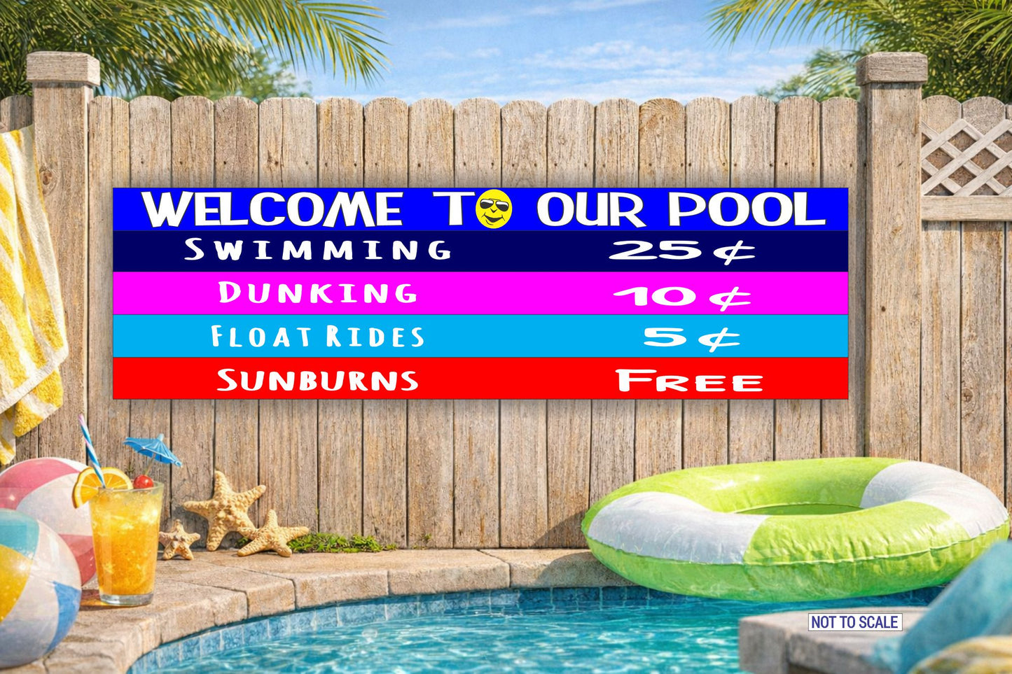 Pool rules sign displayed poolside on fence with float and summer decor