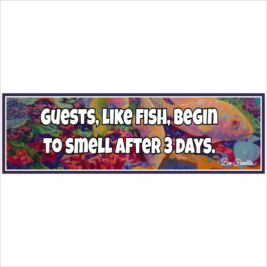 funny guest room quote sign with colorful fish artwork and black border