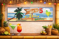 Beach bar wall featuring tropical happy hour sign above a tiki style bar with drinks and warm lighting