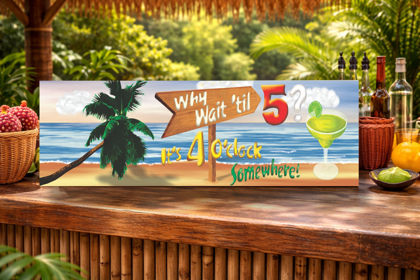 funny beach bar sign it’s 4 o’clock somewhere displayed on outdoor tiki bar counter with tropical drinks