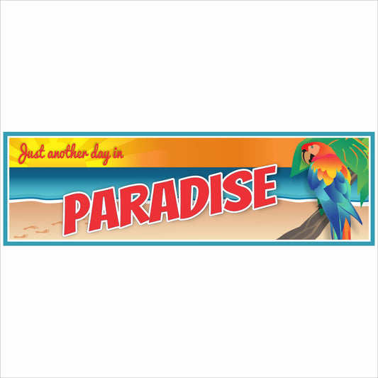 close up of 16x5 tropical paradise sign with parrot sunset and ocean design