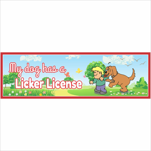 Close-up of personalized dog licker license sign with cartoon dog and child illustration