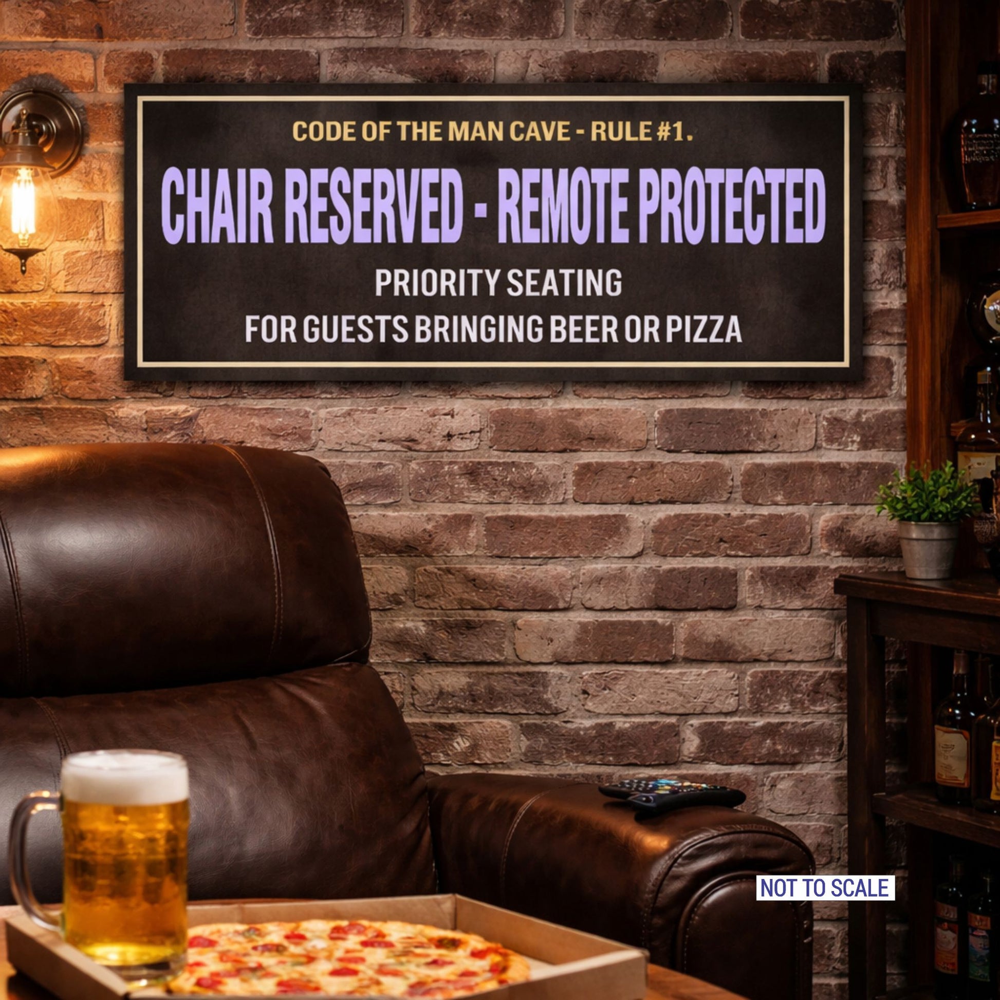 funny man cave rules sign displayed on brick wall in game room