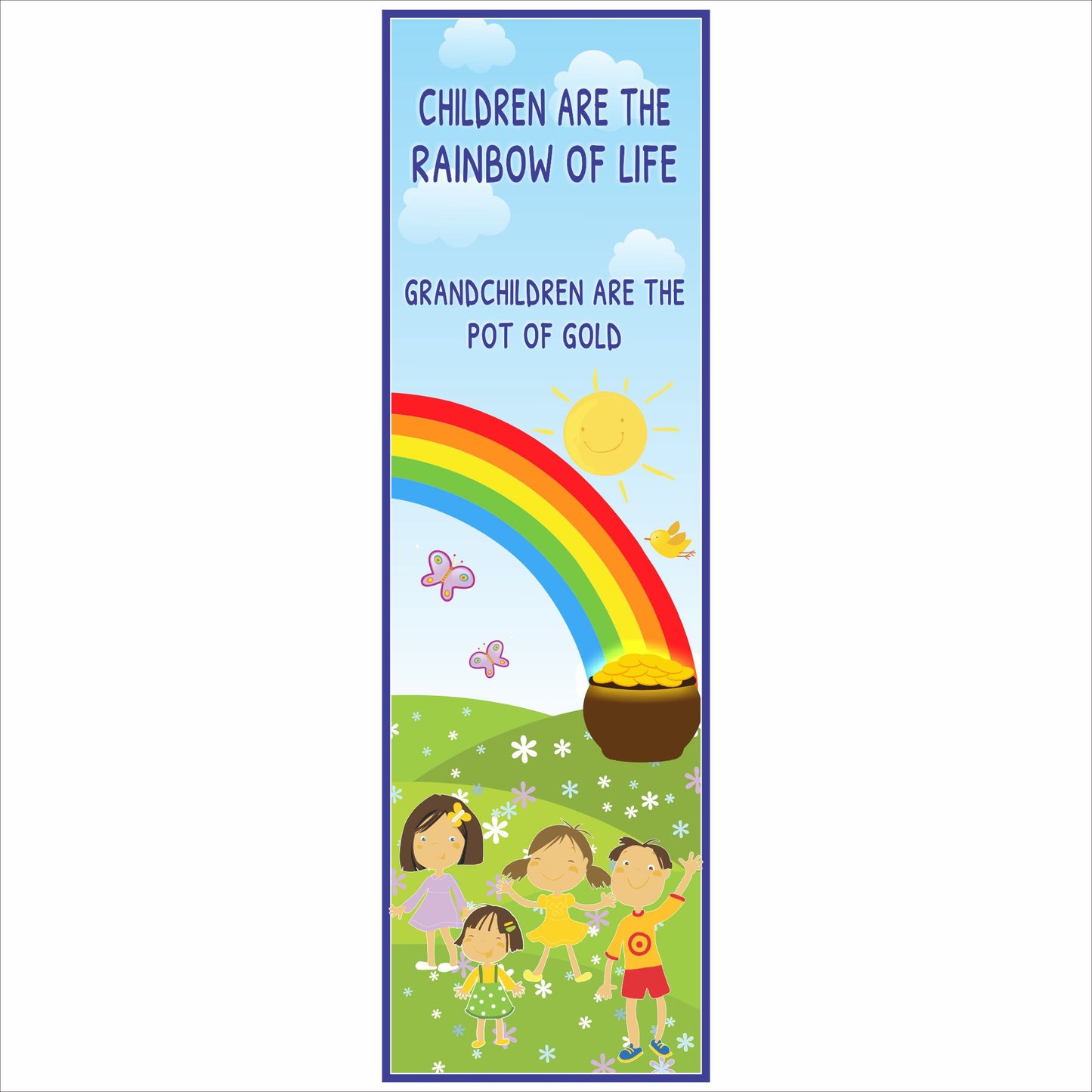 children are the rainbow of life sign with colorful rainbow sun and kids illustration displayed on tabletop