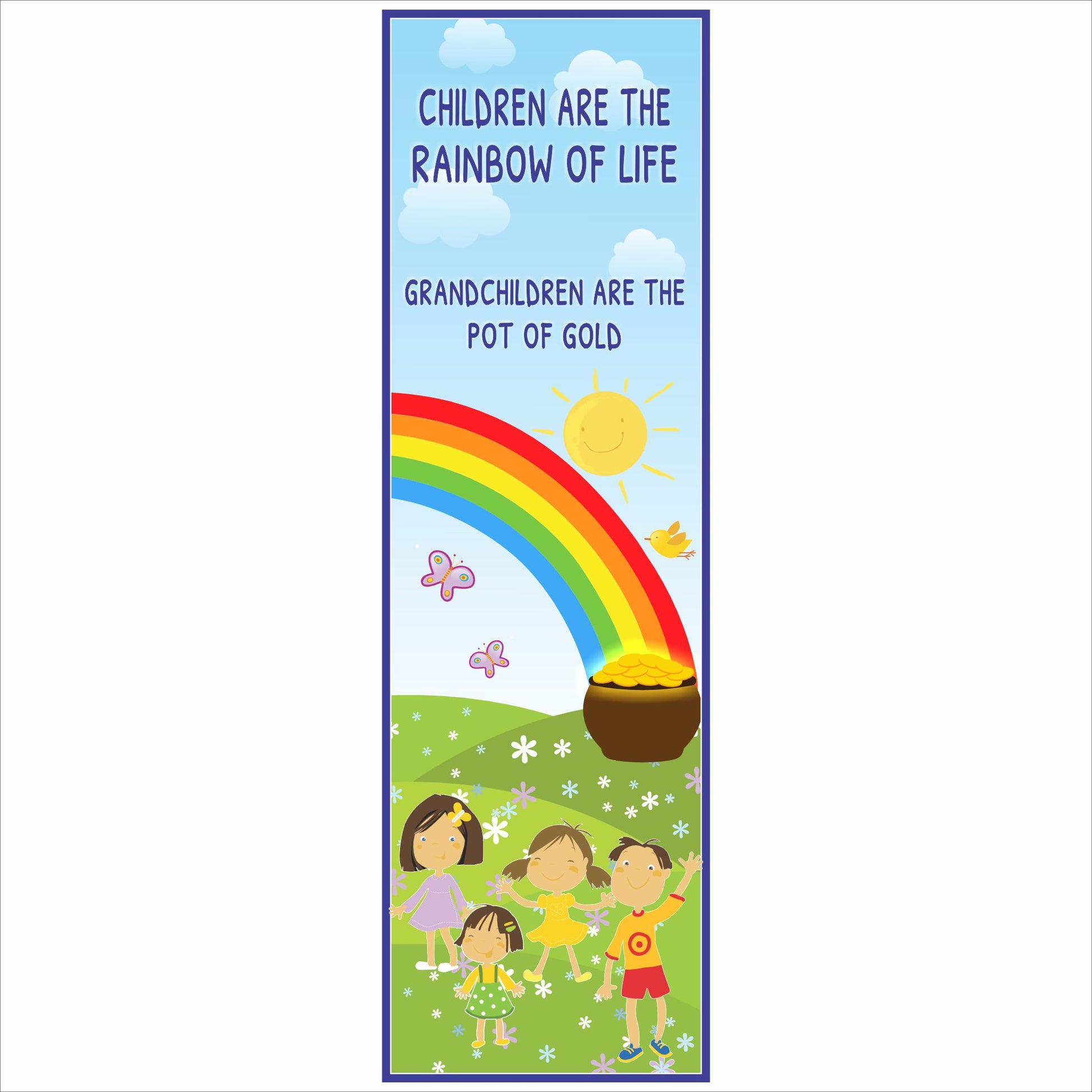 children are the rainbow of life sign with colorful rainbow sun and kids illustration displayed on tabletop