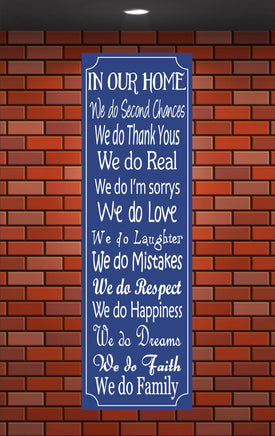 Inspirational house rules sign in blue décor featuring heartfelt family guidelines.