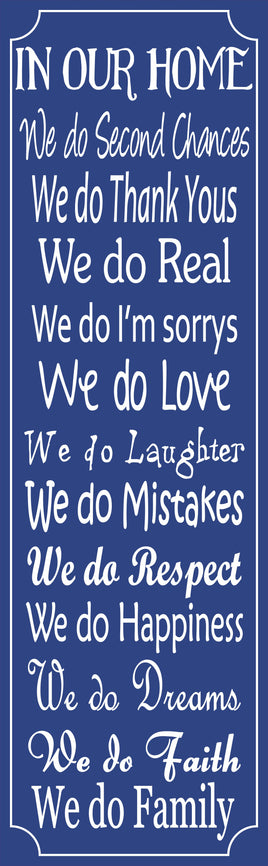 Inspirational house rules sign in blue décor featuring heartfelt family guidelines.