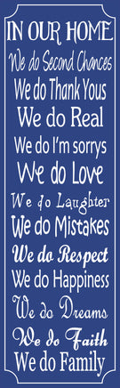 Inspirational house rules sign in blue décor featuring heartfelt family guidelines.
