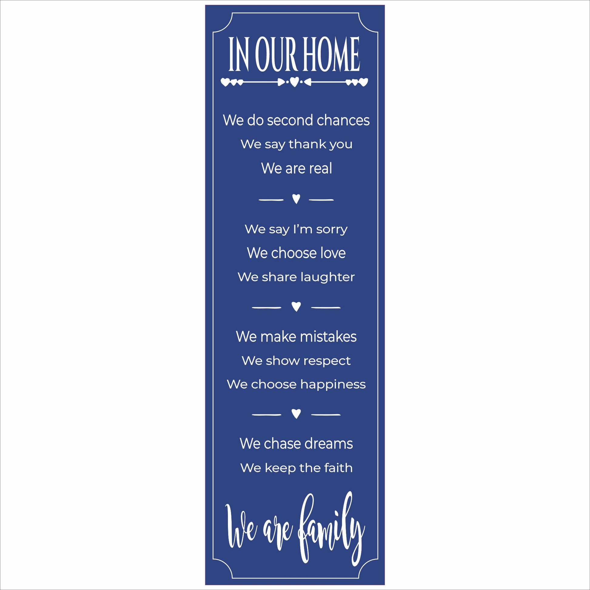 vertical blue family rules sign with white lettering smooth printed surface 5x16 decor