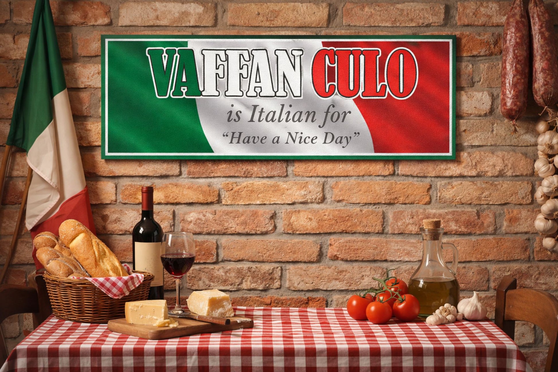 Funny Italian phrase wall sign in rustic kitchen setting