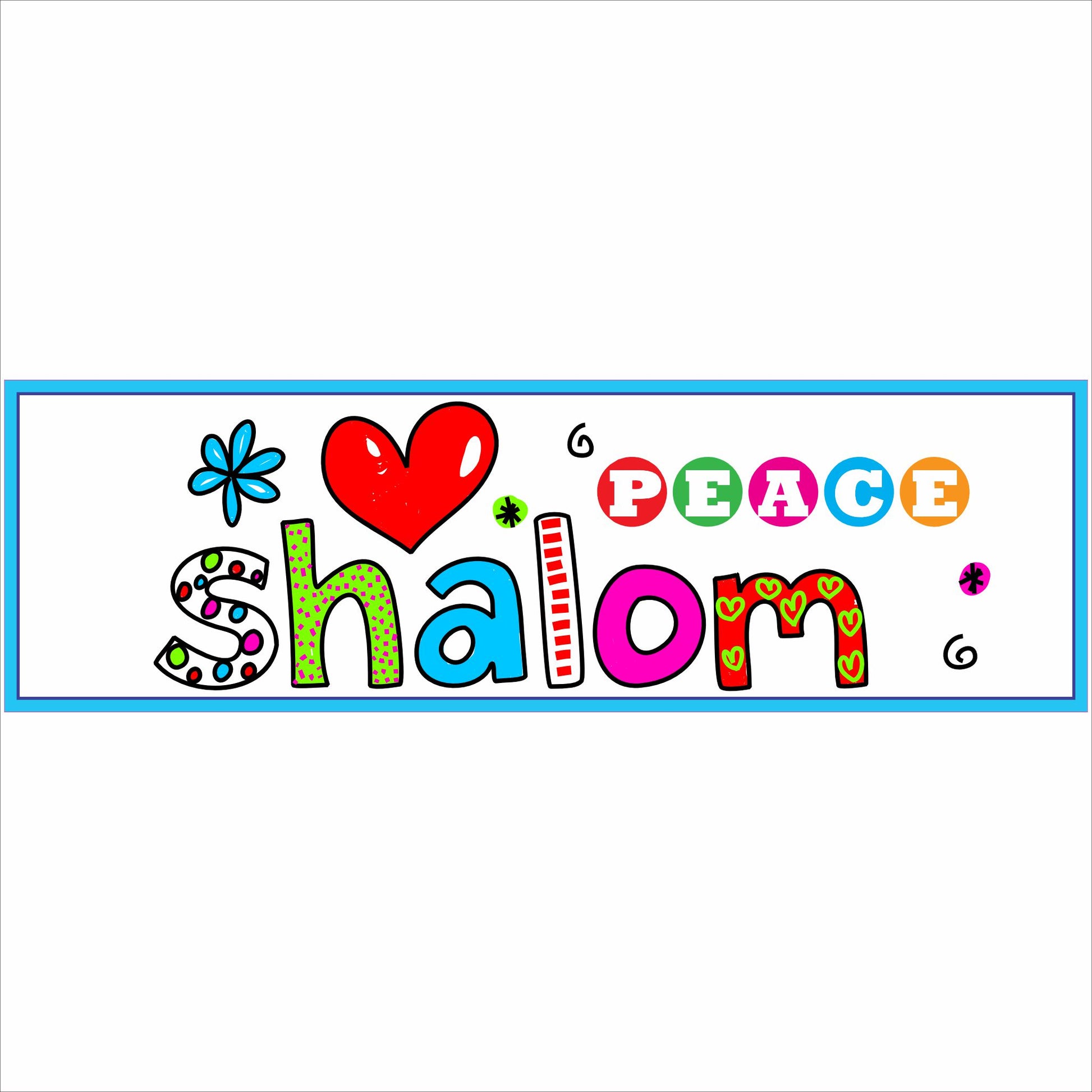 Colorful Shalom peace wall sign with heart and the word Peace in bright circles on decorative rectangular plaque