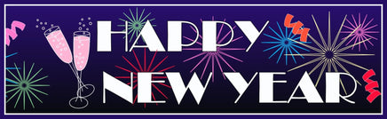 happy new year wall sign with fireworks and champagne glasses, 16x5 holiday decor