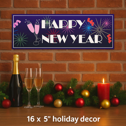 happy new year wall sign on a brick wall with champagne glasses, candle, garland, and holiday ornaments in a festive new year scene